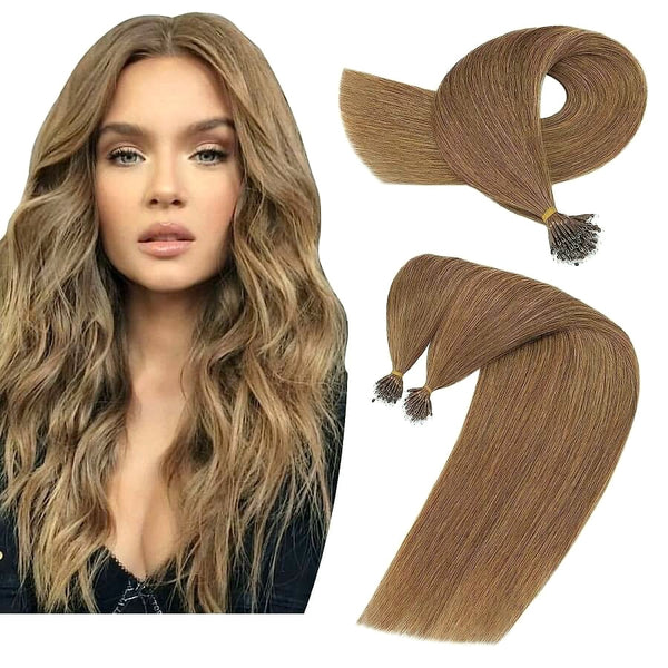 Micro Nano Ring Hair Extensions Φυσική Τρίχα Remy Μεσαίο Καστανό No 6