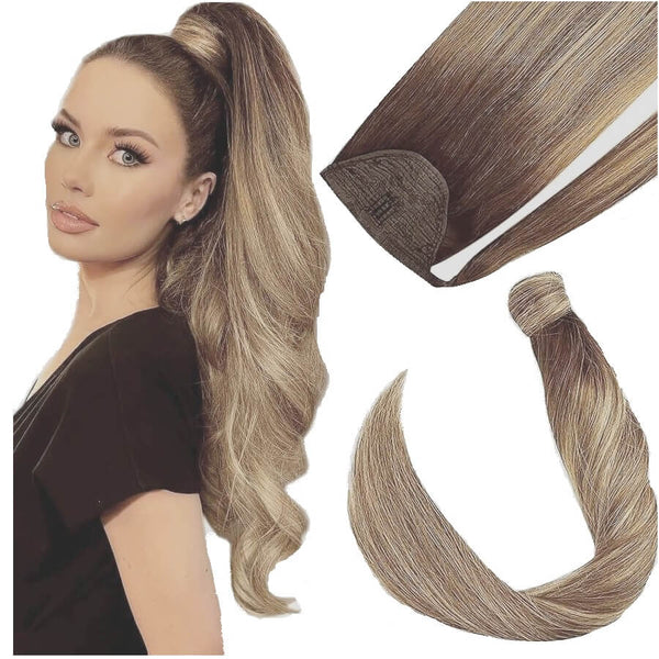 Ponytail Extensions Φυσική Τρίχα Wrap Around With Clips Balayage No 3/8/22