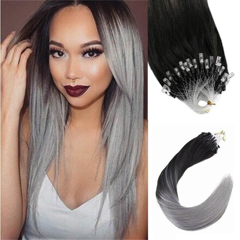Micro Ring Loop Hair Extensions Φυσική Τρίχα Remy Ombre 1B/Silver - Romylos All About Hair