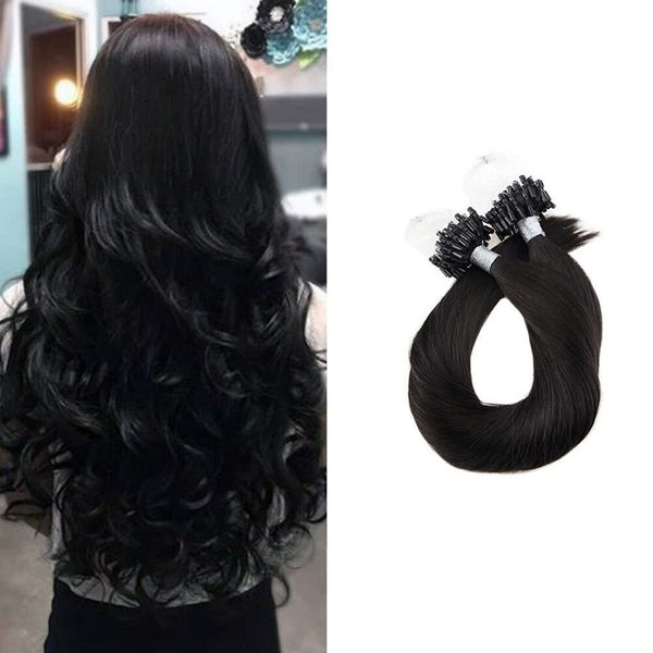 Micro Ring Loop Hair Extensions Φυσική Τρίχα Remy Μαύρο Φυσικό Off Black No 1B