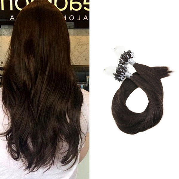 Micro Ring Loop Hair Extensions Φυσική Τρίχα Remy Καστανό Σκούρο No 2