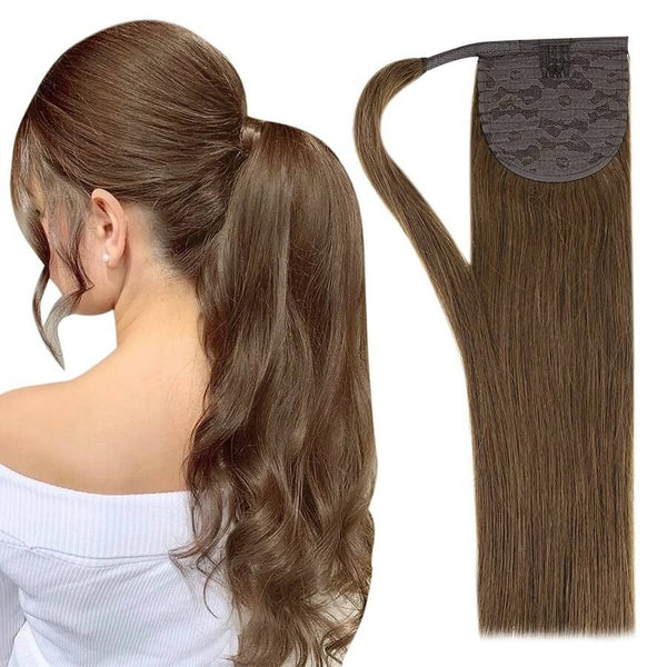 Ponytail Extensions Φυσική Τρίχα Wrap Around With Clips Ξανθό Σκούρο No 6