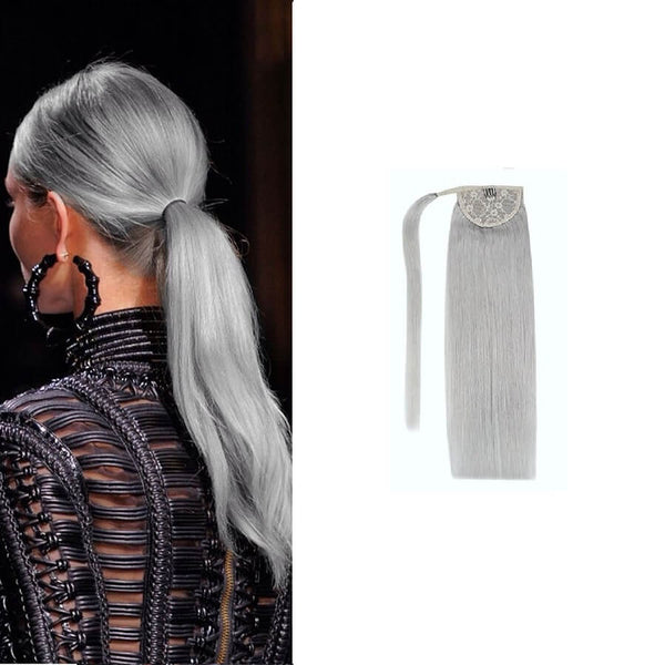 Ponytail Extensions Φυσική Τρίχα Wrap Around With Clips Silver