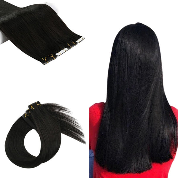 Tape Extension Invisible Φυσική Τρίχα Remy Μαύρα Jet Black No 1 - Romylos All About Hair
