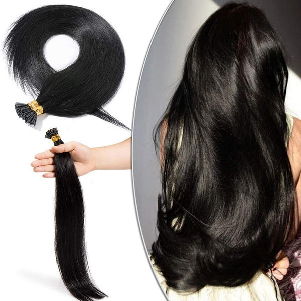 Micro Ring (i-tip) Hair Extensions Φυσική Τρίχα Remy Μαύρα Jet Black No 1 - Romylos All About Hair